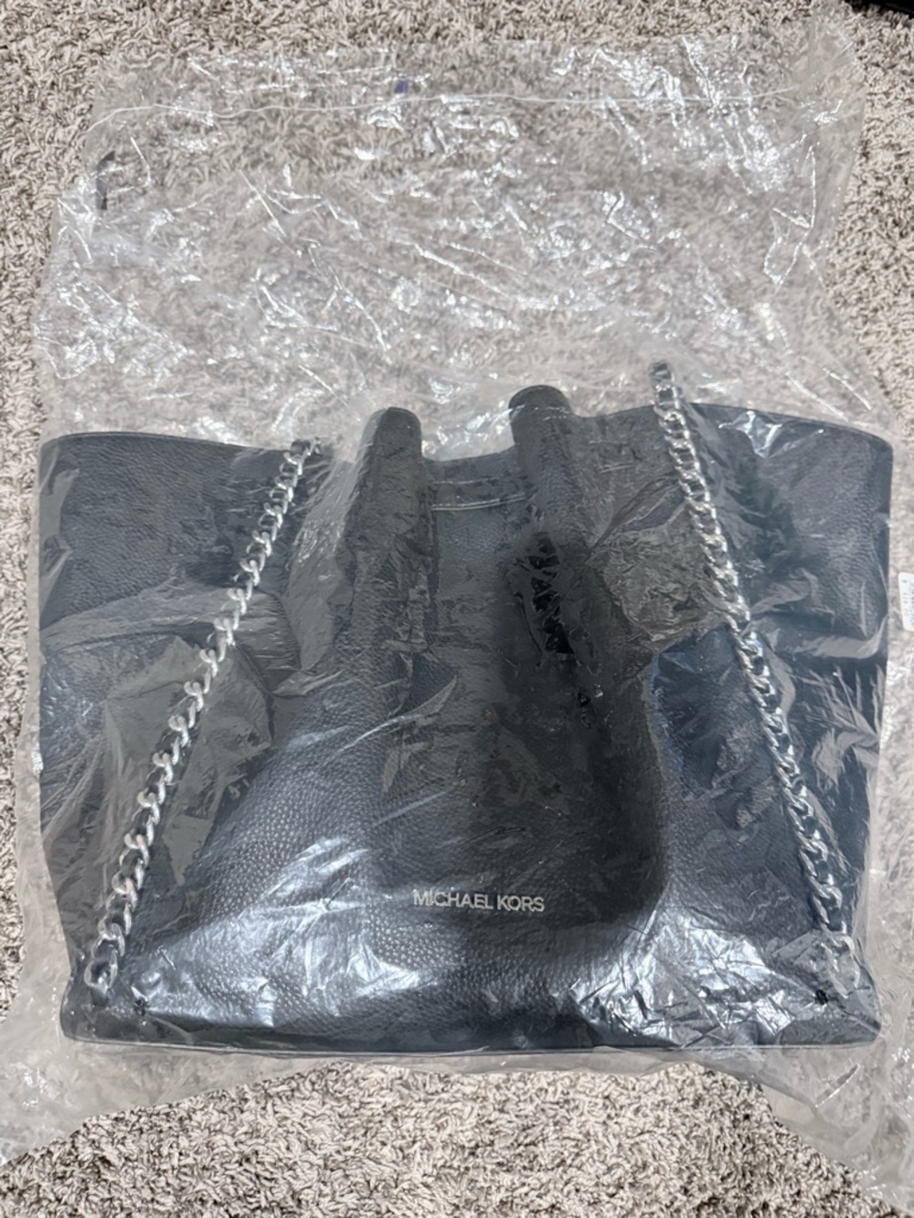 Michael Kors Black Pebbled Leather Tote with Silver Chain Straps